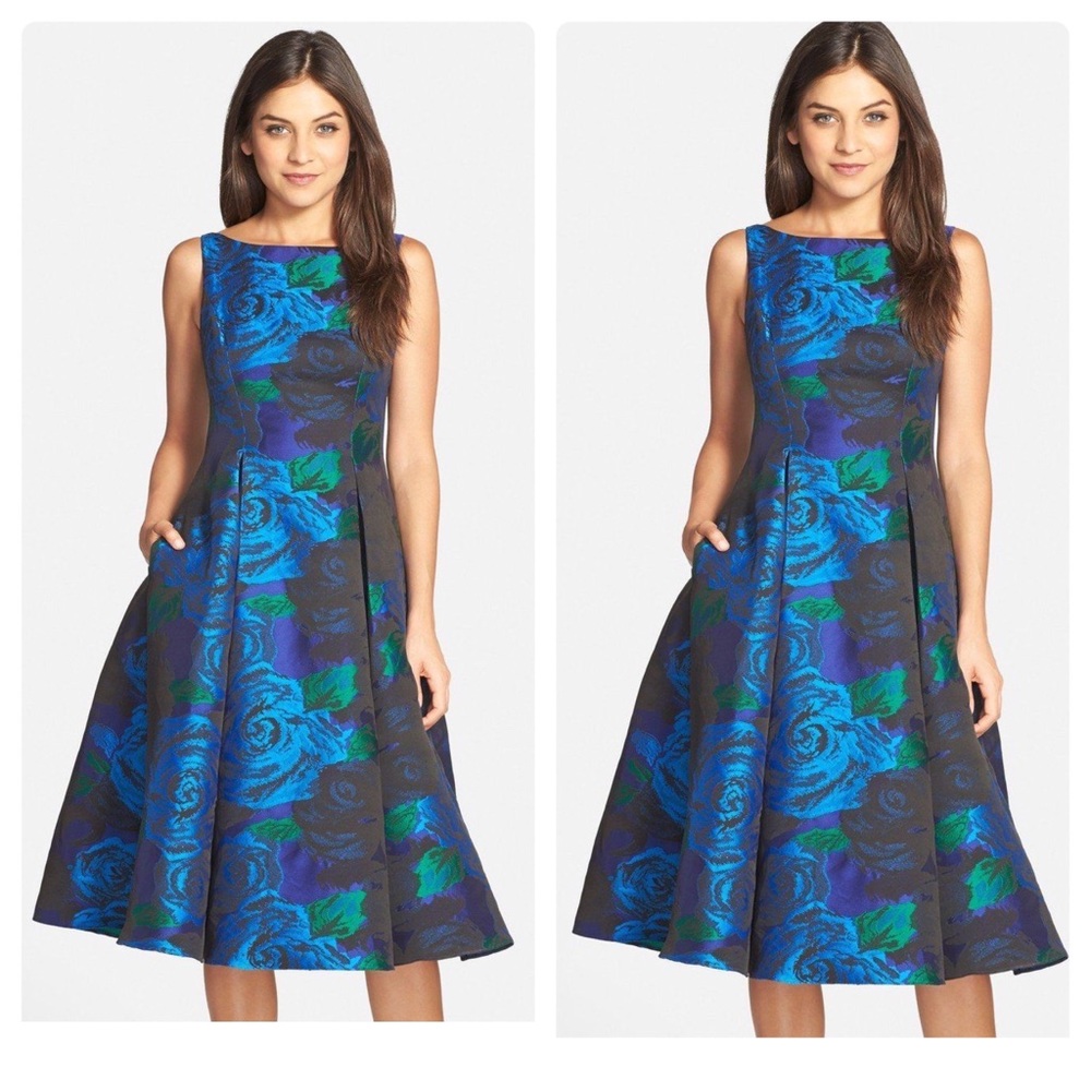 Adrianna Papell Tea Length Blue Floral Jacquar Dress